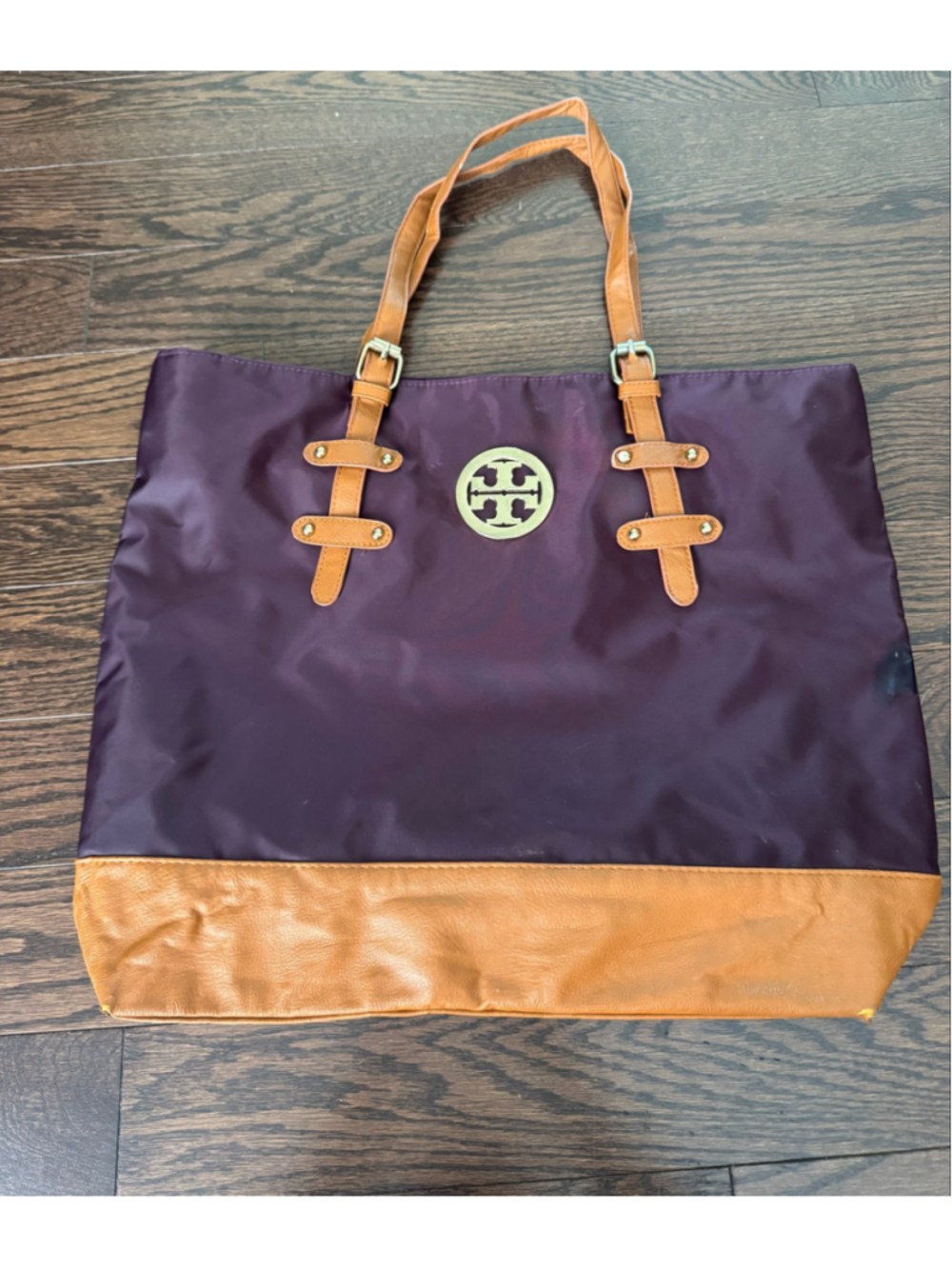 Purple & Tan Design-Inspired Large Tote Bag Gold-Tone Hardware